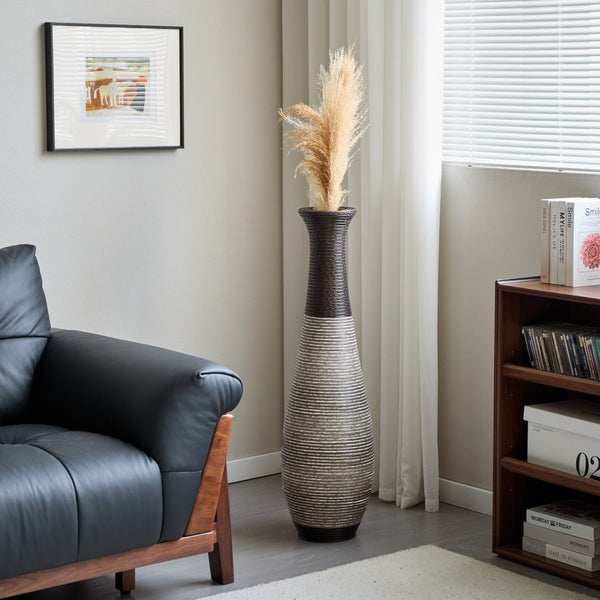 English Elm 39-Inch Tall Standing Designer Floor Vase with Brushed Gold Accents, Durable PVC Rattan Texture, Elegant Home Accent Black+ Gray W2796P193948