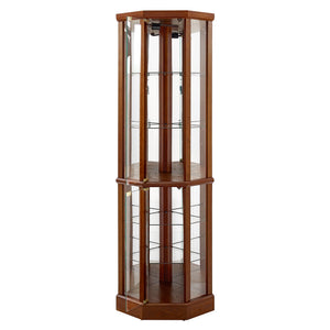 English Elm 6 Shelf Lighted Corner Curio Cabinet with Adjustable Tempered Glass Shelves, Acrylic Mirror Back, Solid Wood Frame Walnut W1693P170906