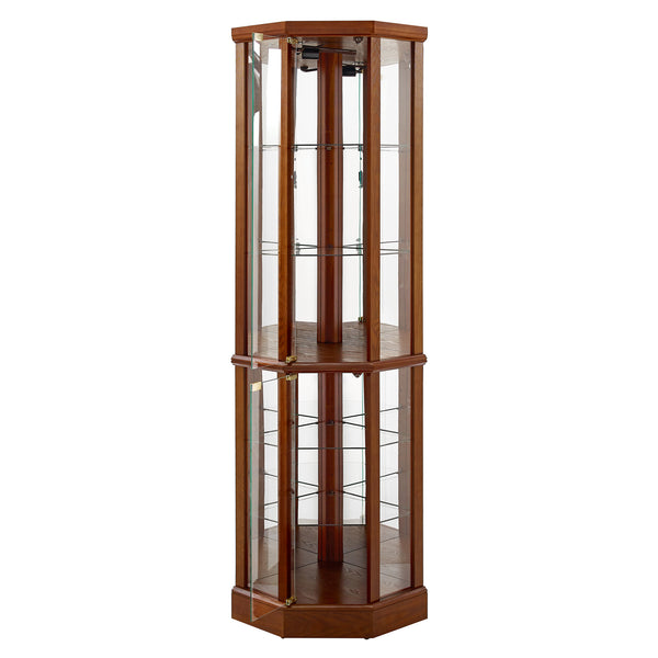 English Elm 6 Shelf Lighted Corner Curio Cabinet with Adjustable Tempered Glass Shelves, Acrylic Mirror Back, Solid Wood Frame Walnut W1693P170906