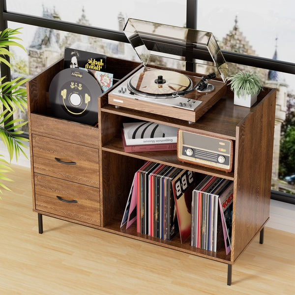 English Elm Record Player Stand with Flip-Down Lid, Built-In Power & USB, Dust-Protecting Turntable Console for 300+ Vinyls Brown W2735P332344