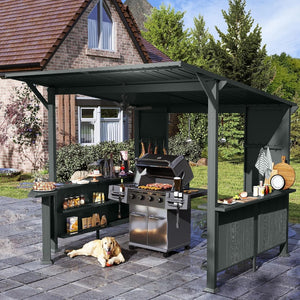 English Elm 9x10ft Hardtop Outdoor Grill Gazebo Galvanized Steel Canopy with Shelves for Patio Gray W1859S00180