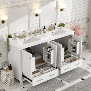 English Elm Modern 48 Inch Freestanding Bathroom Vanity Dual Ceramic Sinks Soft Close Gold Handles White N729P000001K
