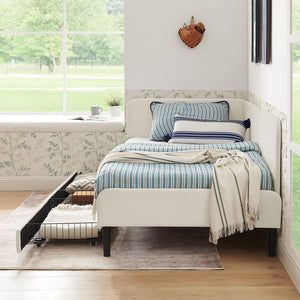 English Elm Twin Velvet Upholstered Platform Bed with 2 Underbed Storage Drawers, Convertible Sofa, Beige Twin W1413P298909