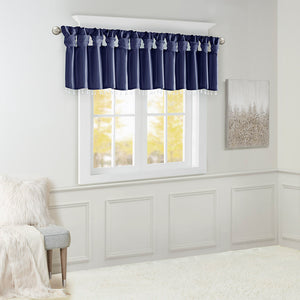 JLA Home Madison Park - Lightweight Faux Silk Valance with Beaded Hem, Lined Twist-Top Drapery for Privacy & Elegance Navy MP41-6320