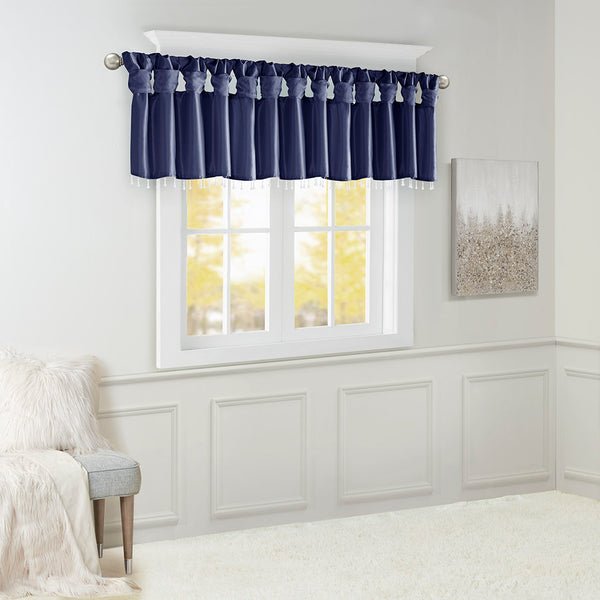 JLA Home Madison Park - Lightweight Faux Silk Valance with Beaded Hem, Lined Twist-Top Drapery for Privacy & Elegance Navy MP41-6320