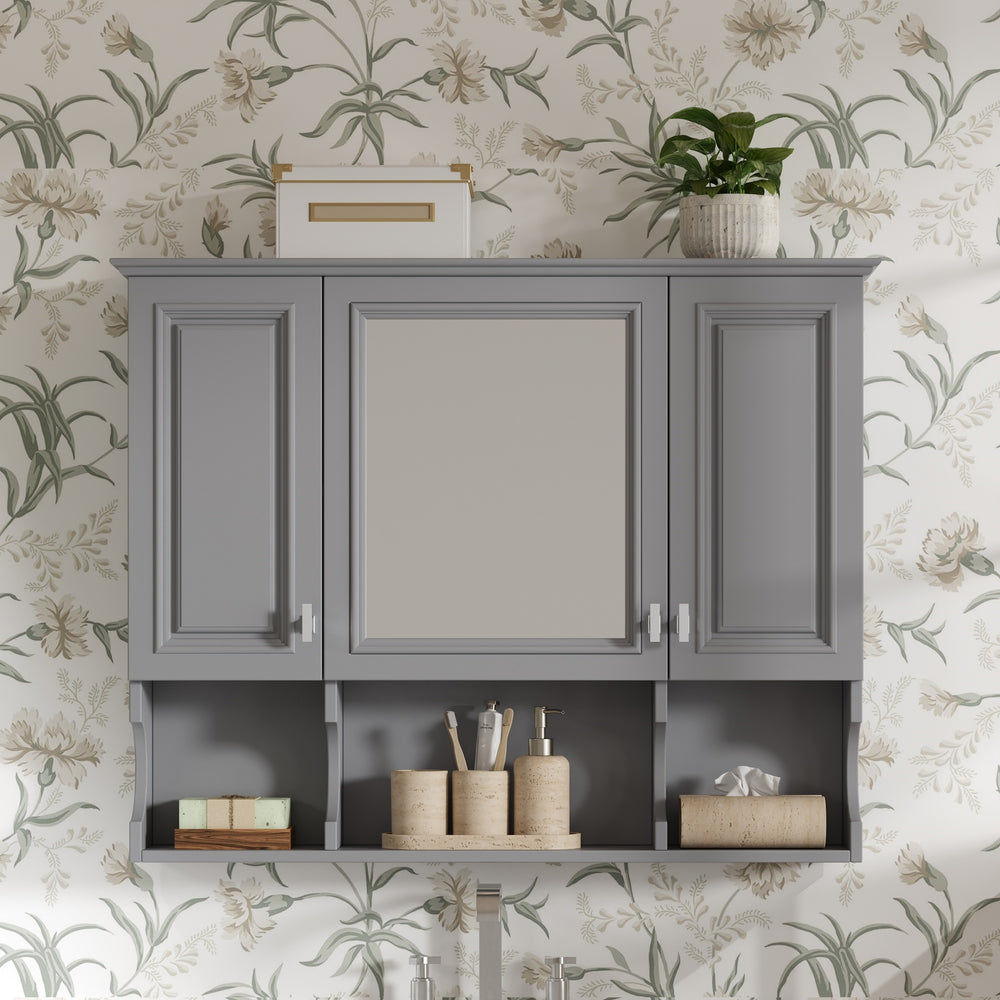 English Elm 35'' Modern Wall-Mounted Medicine Cabinet with Mirror, Hidden Storage and Open Shelves for Bath Gray N710P209443E