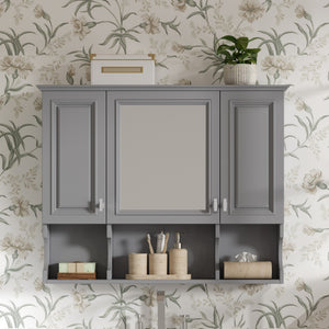 English Elm 35'' Modern Wall-Mounted Medicine Cabinet with Mirror, Hidden Storage and Open Shelves for Bath Gray N710P209443E