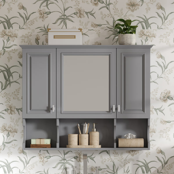 English Elm 35'' Modern Wall-Mounted Medicine Cabinet with Mirror, Hidden Storage and Open Shelves for Bath Gray N710P209443E