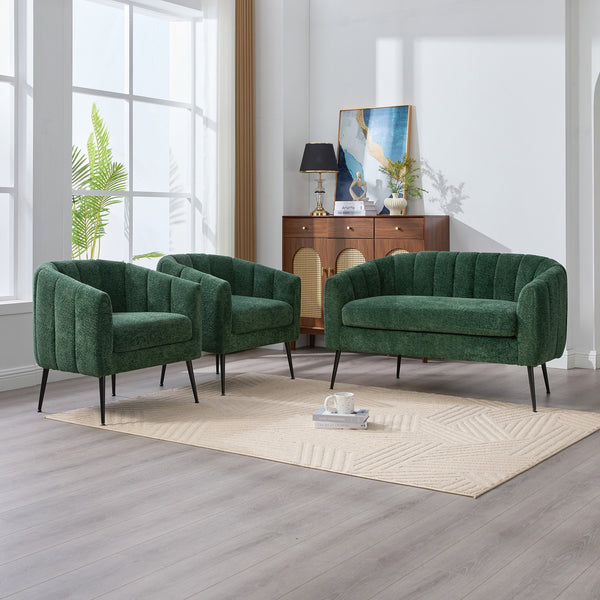 English Elm 3-Piece Chenille Small Living Room Furniture Set with Metal Legs, Channel Tufted Sofa and Loveseat Set Green W3118S00017