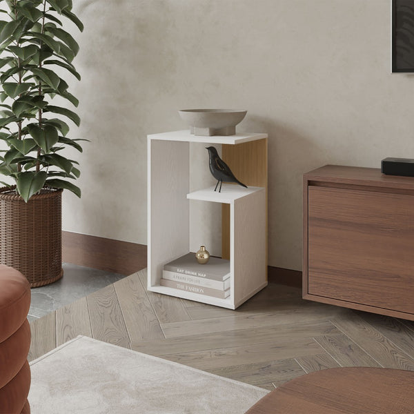 English Elm Vega Modern Side Table With Open Shelving, Stylish White And Light Oak Finish For Small Spaces B128P287507-GIGA