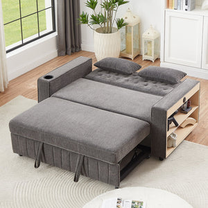 English Elm 61.4" Pull-out Sofa Bed Loveseat with Adjustable 3-Position Backrest, USB Ports, Cup Holders, Storage Rack Grey N719S001900E