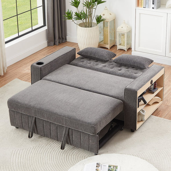 English Elm 61.4" Pull-out Sofa Bed Loveseat with Adjustable 3-Position Backrest, USB Ports, Cup Holders, Storage Rack Grey N719S001900E