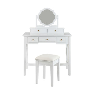 English Elm Compact Floral Makeup Vanity Table with Swivel Flower Mirror, 5 Drawers & PU Stool — Space-Saving Beauty Station N844P288535A