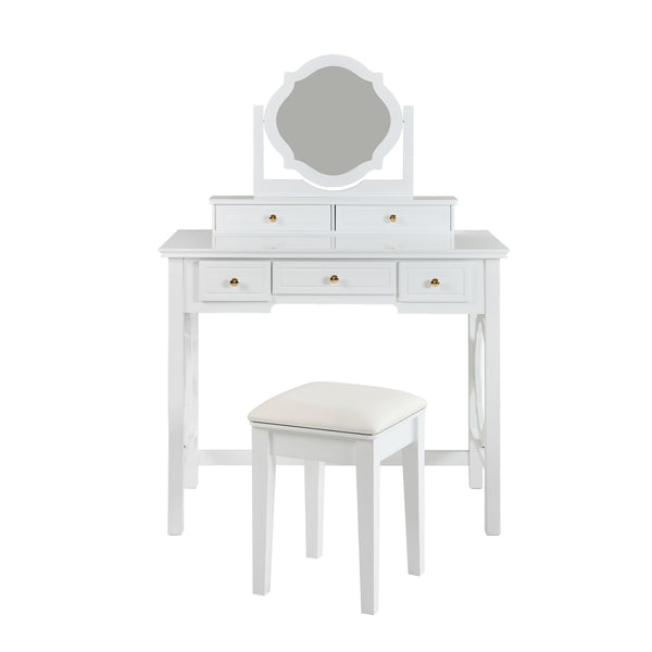 English Elm Compact Floral Makeup Vanity Table with Swivel Flower Mirror, 5 Drawers & PU Stool — Space-Saving Beauty Station N844P288535A