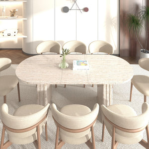 English Elm Kitchen extendable dining table with travertine-inspired melamine top, rounded edges, sturdy wooden base for family gatherings Beige W1347S00017