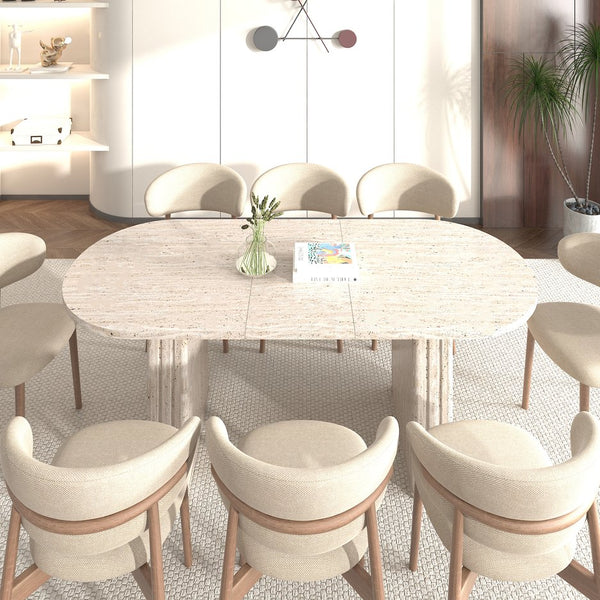English Elm Kitchen extendable dining table with travertine-inspired melamine top, rounded edges, sturdy wooden base for family gatherings Beige W1347S00017