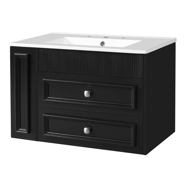 English Elm 30'' Wall Mounted Bathroom Vanity with Ceramic Sink, Floating MDF Cabinet, Soft-Close Drawers & Ample Storage Black N710P334915B