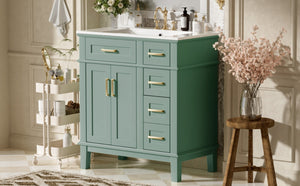 English Elm 30" Freestanding Bathroom Vanity Ceramic Sink Soft Close Cabinet Gray Wood Frame Light Green N729P427118F