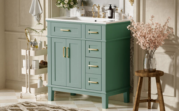 English Elm 30" Freestanding Bathroom Vanity Ceramic Sink Soft Close Cabinet Gray Wood Frame Light Green N729P427118F