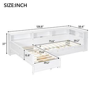 English Elm Wood Twin L-shaped Platform Bed Trundle Shelves Charging Station Kids Room White N7090001045K-1
