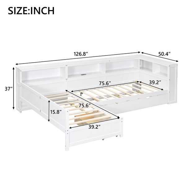 English Elm Wood Twin L-shaped Platform Bed Trundle Shelves Charging Station Kids Room White N7090001045K-1