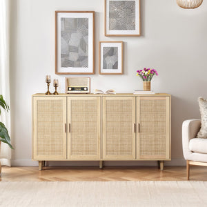 English Elm 62.20"Elegant 4-Door Rattan Storage Cabinet with Solid Wood Legs, Spacious Shelves & Easy Assembly Natural W757P190066