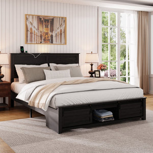 English Elm Full Farmhouse Platform Bed Upholstered Wood Frame with Led Lighting and Charging Ports W636P263895