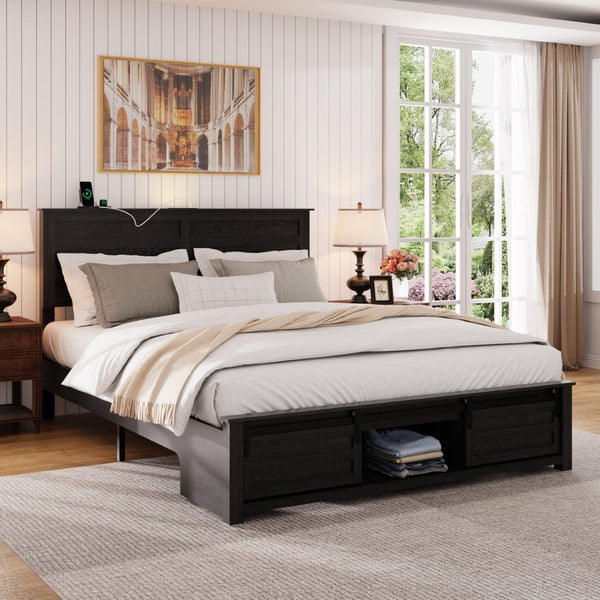 English Elm Full Farmhouse Platform Bed Upholstered Wood Frame with Led Lighting and Charging Ports W636P263895