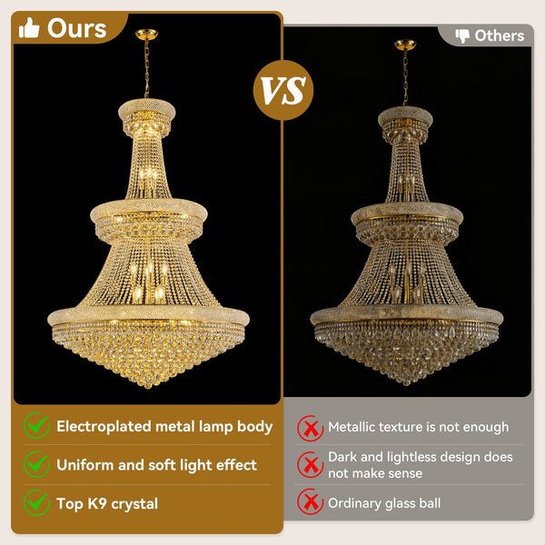 English Elm Luxury Gold Crystal Chandelier 42" 3-Tier Empire with 36 E12 Lights, 480+ K9 Crystals, Hand-Strung Elegance W2869S00003