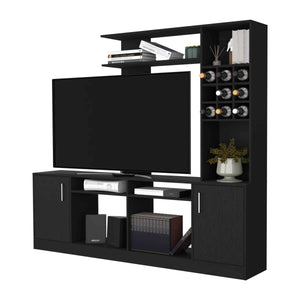 English Elm Vibrant Black Entertainment Center for TVs up to 78" — Double Door Cabinet, 6 Shelves, Ample Storage B128S00159