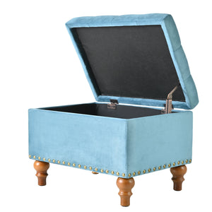 English Elm Square Velvet Ottoman with Storage, Cream Upholstery, Child-Safe Hinge, Rivet Trim, Solid Wood Feet, Compact Comfort Light Blue W2941P242272