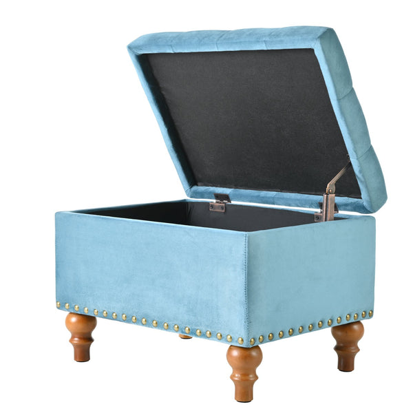 English Elm Square Velvet Ottoman with Storage, Cream Upholstery, Child-Safe Hinge, Rivet Trim, Solid Wood Feet, Compact Comfort Light Blue W2941P242272