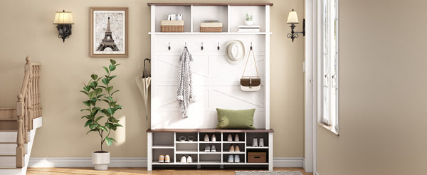 English Elm ON-TREND Farmhouse 4-in-1 Hall Tree with 6 Hooks, Walnut Bench, 16 Compartments, Rustic Entryway Organizer White N721P264915K