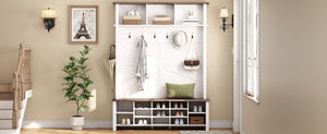 English Elm Farmhouse Hall Tree Entryway Organizer with Bench 16 Compartments and 6 Coat Hooks N721S000064K