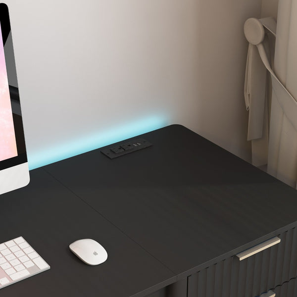 English Elm L Shaped Corner Desk with Led Lighting Bookshelf Drawers and Built in Charging Station W1321P399020