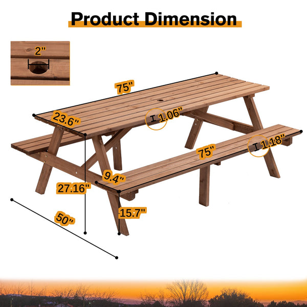 English Elm 8 Fir Wood Picnic Table with 2 Benches, Brown Outdoor Dining Set for 8, 2220lb Capacity, Umbrella Hole W1422P196395