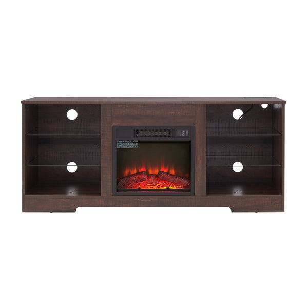 English Elm TV 58" Electric Fireplace TV Stand with LED 3D Flames, USB Charging, Ample Storage & Cable Management Espresso W1758P215084