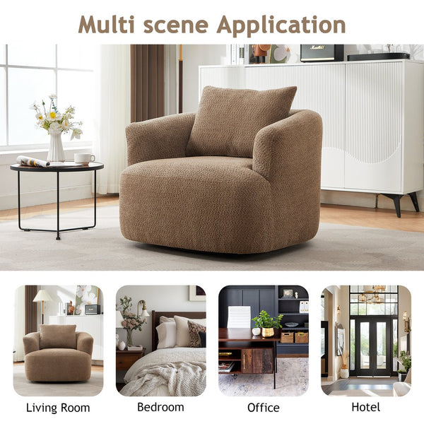 English Elm 360° Swivel Chair with Boucle Upholstery, Deep Pocket-Spring Seat, Ergonomic Curved Arms & Minimalist Design for Living Room Comfort Dark Brown N719P288552D