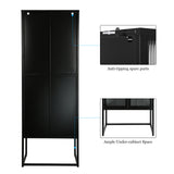 English Elm Stylish 4-Door Tempered Glass Cabinet With 4 Glass Doors Adjustable Shelves U-Shaped Leg Anti-Tip Dust-Free Fluted Glass Kitchen Credenza Black