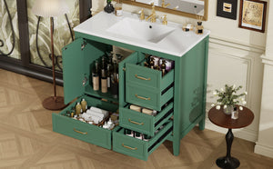 English Elm Christopher Knight Home® - 36" Vintage-inspired Bathroom Vanity with Ceramic Sink, Solid Wood Frame, Soft-Close Drawers, Spacious Storage Green N759P293646F