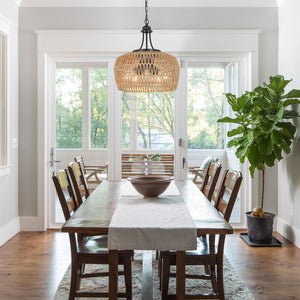 English Elm Large Farmhouse 5-Light Rattan Chandelier with Wicker Shades, 18" Boho Coastal Pendant for Dining Room W2738P185435