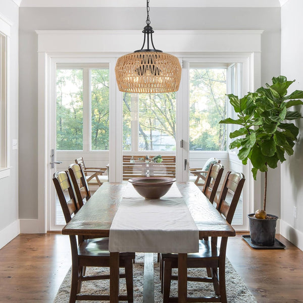 English Elm Large Farmhouse 5-Light Rattan Chandelier with Wicker Shades, 18" Boho Coastal Pendant for Dining Room W2738P185435