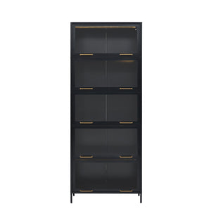 English Elm 76.75'' Tall Steel Barrister Bookcase with Led Lit Shelves and Brass Hardware Display Black SN845P397473B