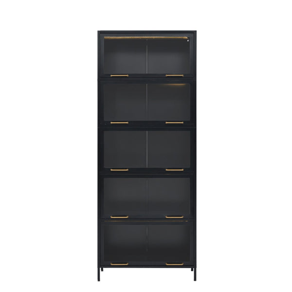 English Elm 76.75'' Tall Steel Barrister Bookcase with Led Lit Shelves and Brass Hardware Display Black SN845P397473B