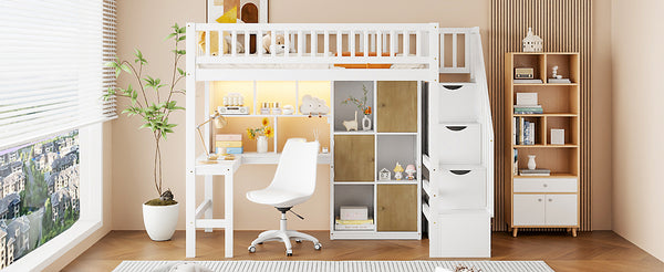English Elm Wood Twin Loft Bed with Built-In L-Desk, LED Lighting, Staircase Storage, Shelves & Cabinets White N7090000470K