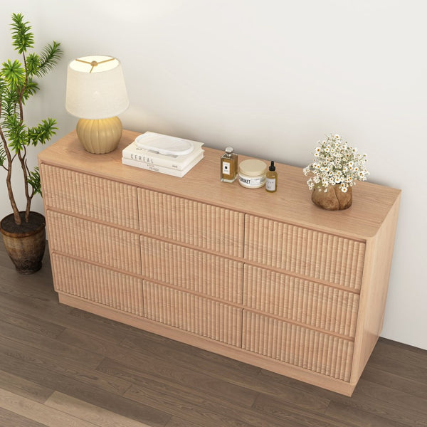 English Elm 9 Drawer Matte Wood Dresser with Wave Front Mid Century Modern Low Profile Storage Natural W409P387580