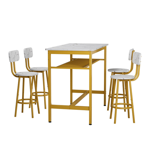 English Elm 5-Piece Chic Counter Height Dining Set White & Gold – Space-Saving MDF Bar Table with 4 Chairs W578P303838