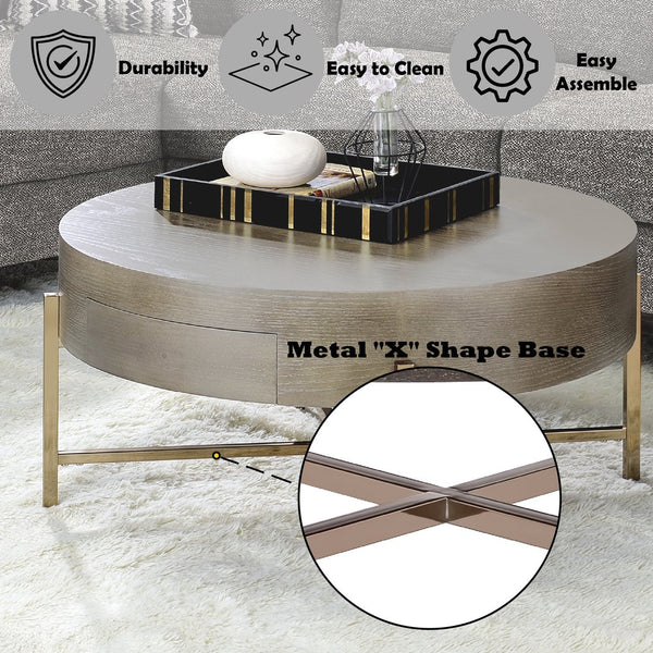 English Elm Weyton Drum Coffee Table with Dark Oak Wood Top, Champagne Metal X-Base, 1 Drawer Storage, 100lb Limit B2726P340579