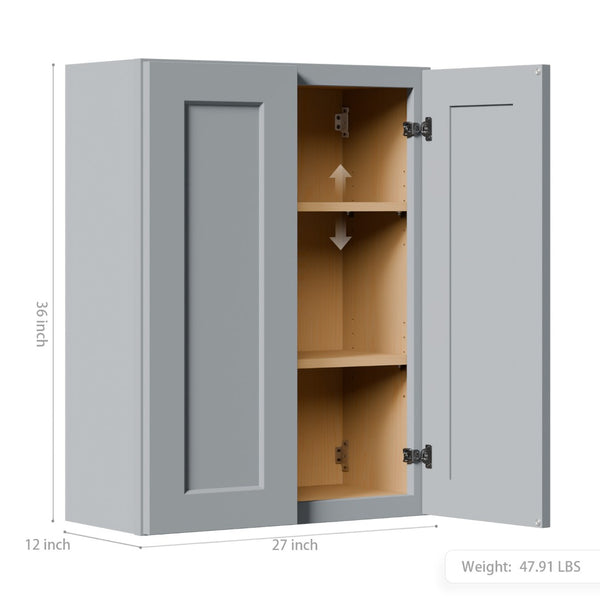 English Elm Gray Shaker Wall Cabinet Solid Wood Double Door Storage with Soft Close Hinges W5662P465941