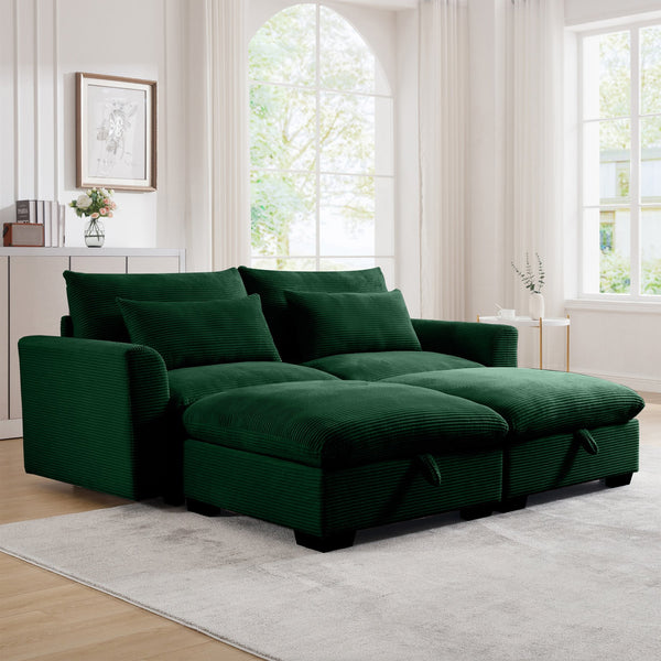 English Elm Corduroy Two-Seater Sectional Sofa With Storage Footrests - Comfy Modular Green Couch For Living Room W714S00668